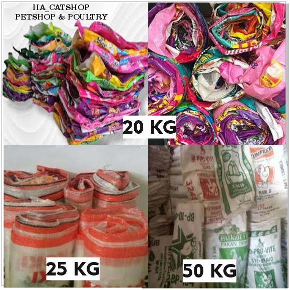 KARUNG BEKAS MAKANAN PAKAN KUCING 20KG Karung bekas kapasitas 25kg 50kg, karung bekas layak pakai