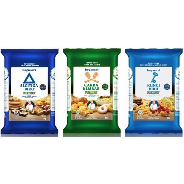 

Flour All Purpose / Tepung Terigu Serbaguna Premium Bogasari 1 kg Varian Segitiga Biru, Kunci Biru, Cakra Kembar