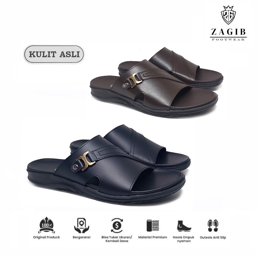 ZAGIB Footwear | Sandal Slide Pria Kulit Asli Garut | Sendal Selop Cowo Casual Formal Big Size 39-44