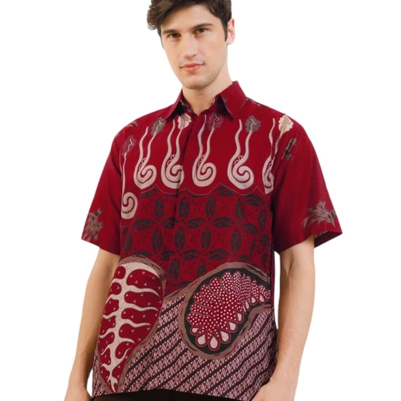 STRBTQ Kemeja Pria Batik Pendek MELODY MERAH Batik Pria Lengan Pendek