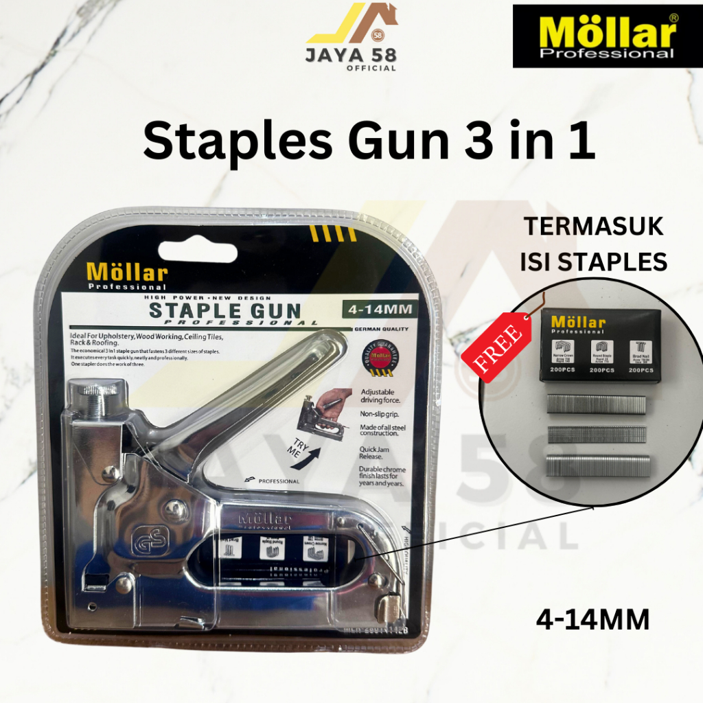 

MOLLAR Staples Gun 3 in 1 Stapler Tembak 4-14mm Gun Tacker Free Refill / Steples Jok Kulit Kardus