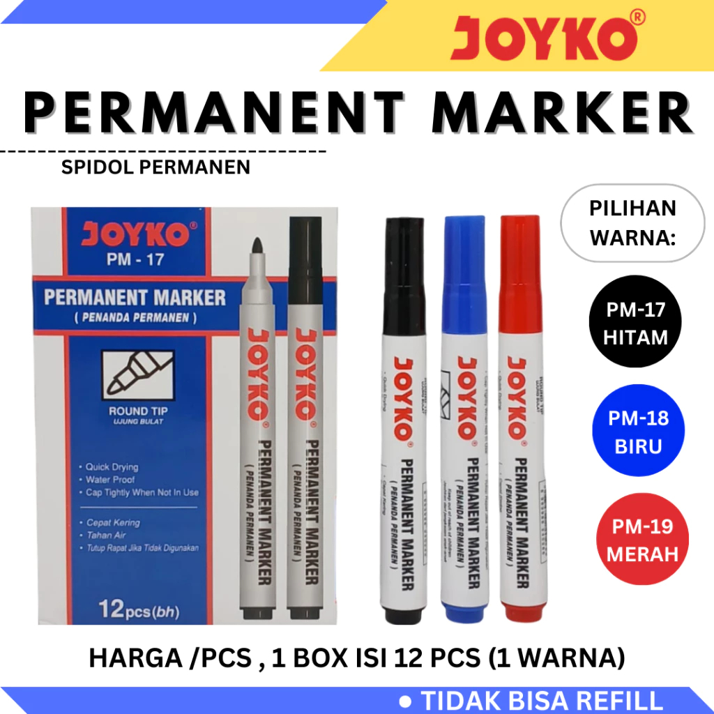 

JOYKO PERMANENT MARKER PM-17 PM-18 PM-19 /SPIDOL PERMANEN JOYKO HITAM BIRU MERAH MURAH
