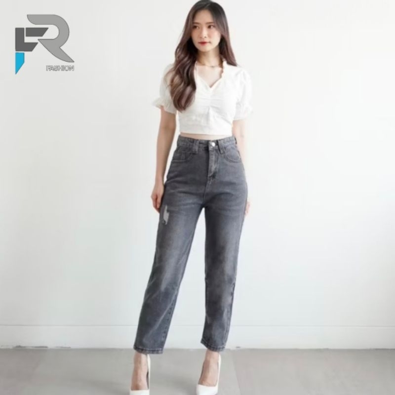 Celana Boyfriend Ripped Jeans High Waist Wanita Celana Panjang Longgar P526 Jins HW ||Jeans Sobek De