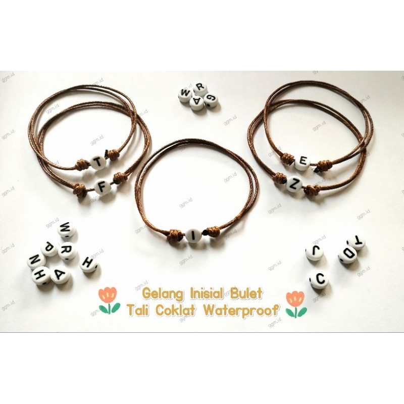 GELANG COUPLE TALI COKLAT KOREA INISIAL HURUF A-Z 1MM WATERPROOF