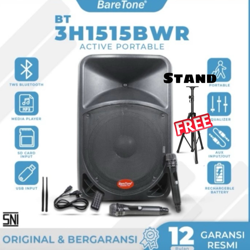 speaker portable baretone 15 inch 2mic pegang TWS speaker baretone BT-3H1515BWR bluetooth original b
