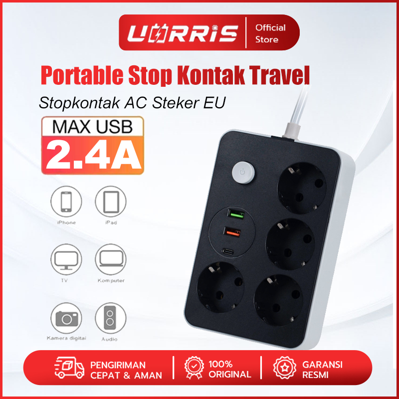 UORRIS Portable Stop Kontak Travel - 2 USB Port 4 Steker