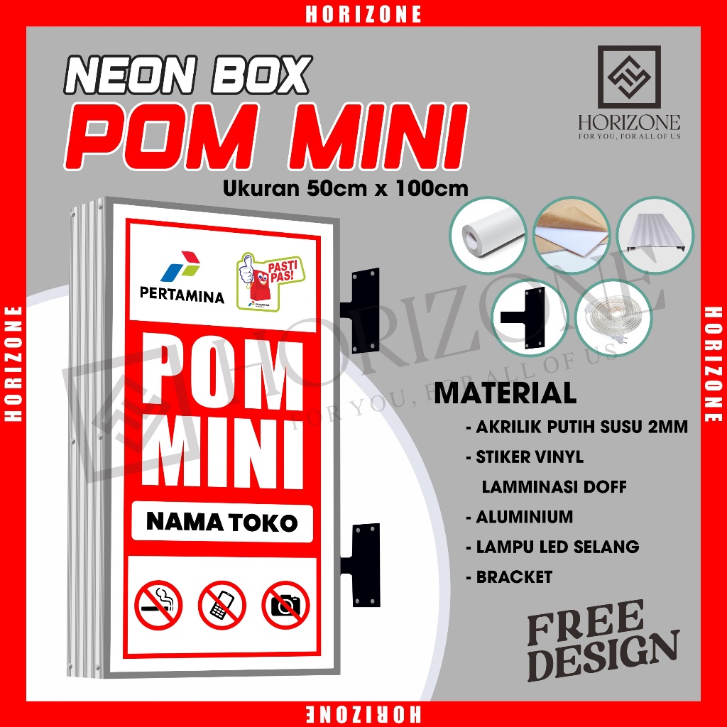 NEON BOX AKRILIK POM MINI 50cm x 100cm KOTAK 2 SISI