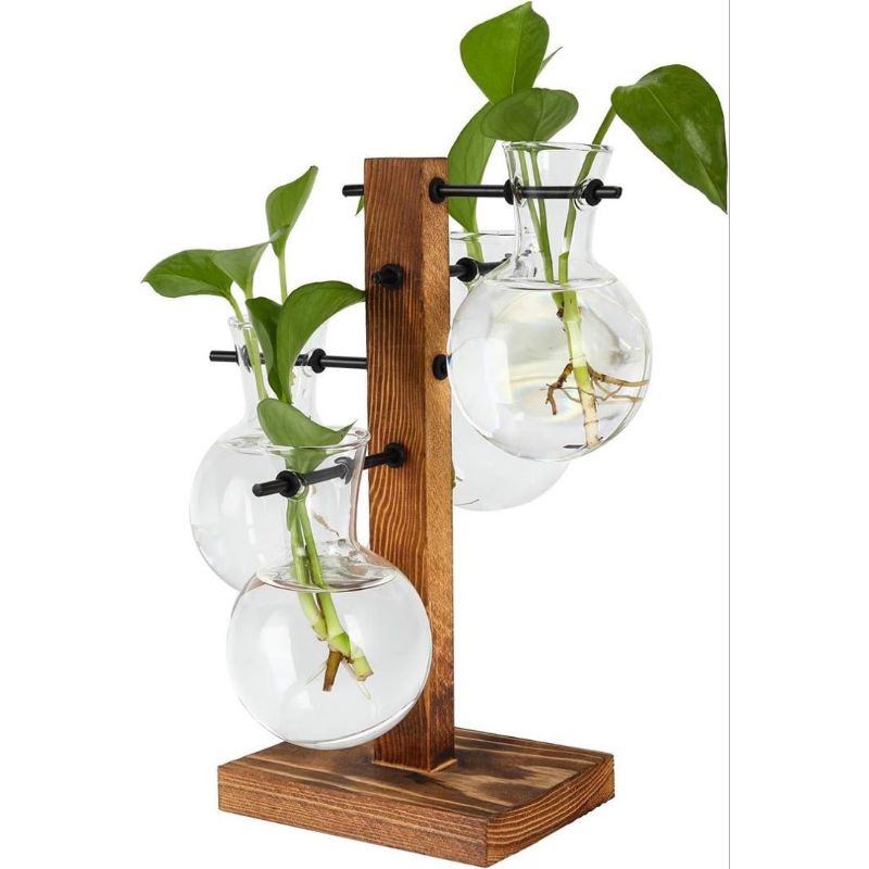 Vas Bunga Kaca Bening Aestetik Unik dan Menarik  Model 1 Tiang Kayu 4 Kaca