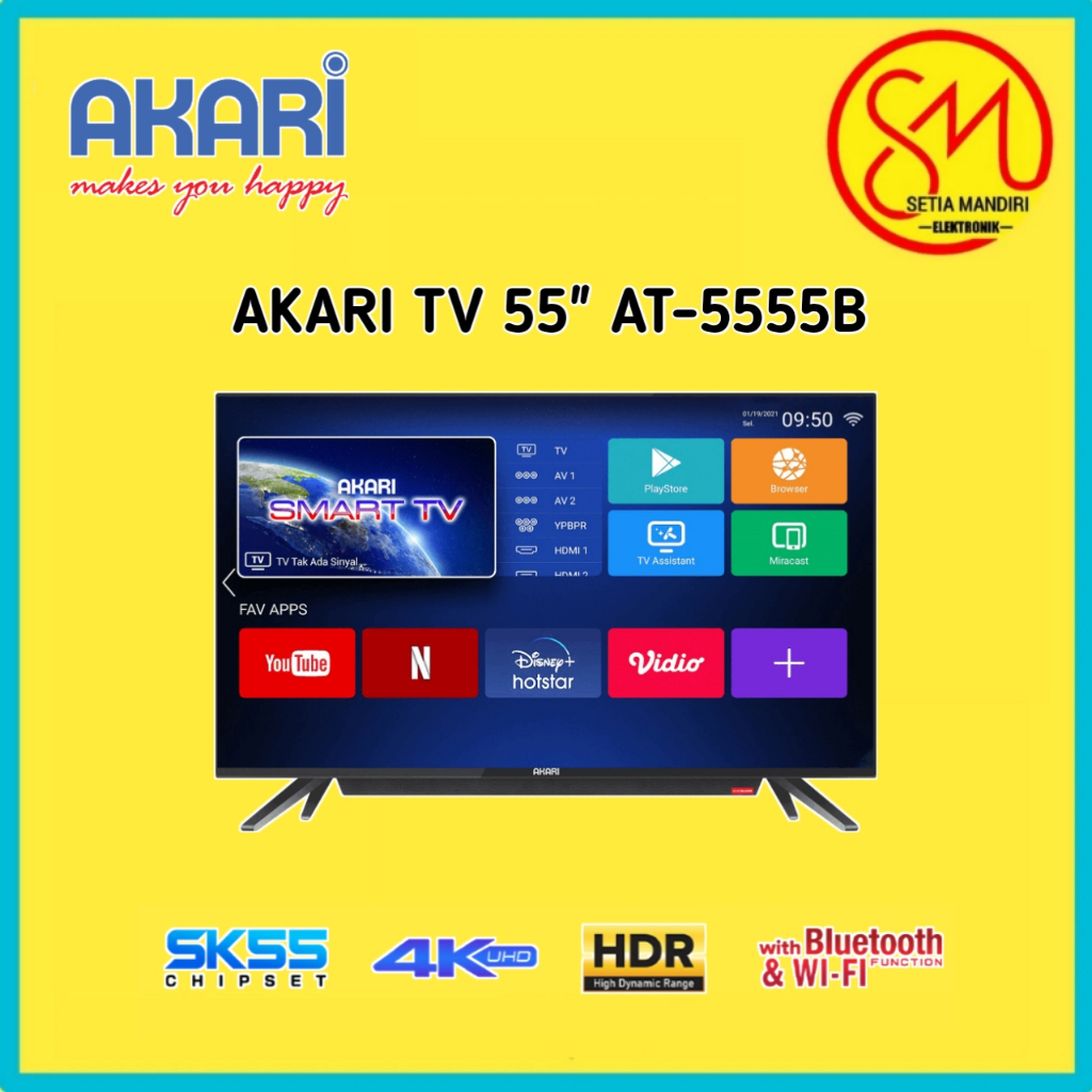 AKARI Smart Android TV LED 55 Inch HDR Digital DVB-T2 WiFi Bluetooth Tipe AT-5555B