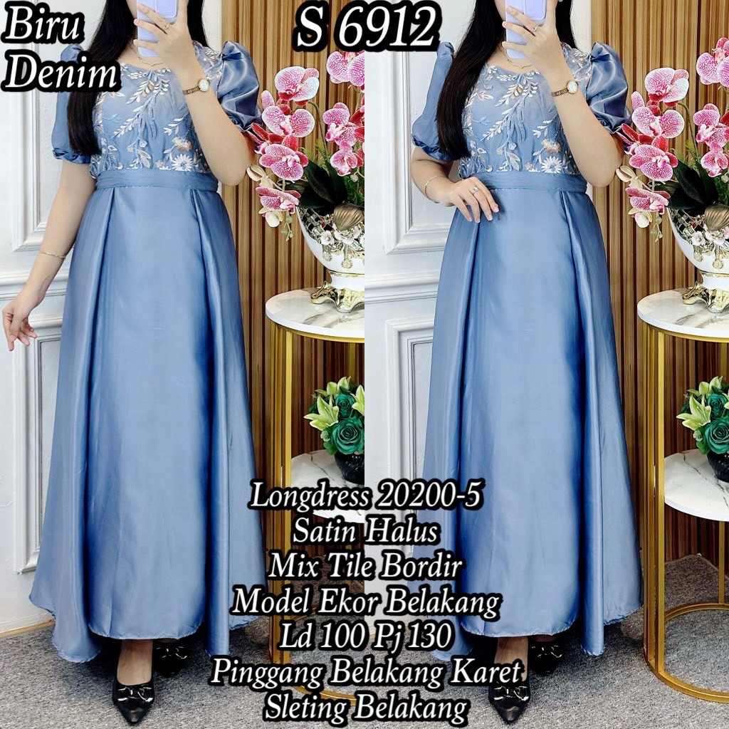 6912 #Longdress Satin Kombinasi Tile Bordir Gaun Maxi Wanita