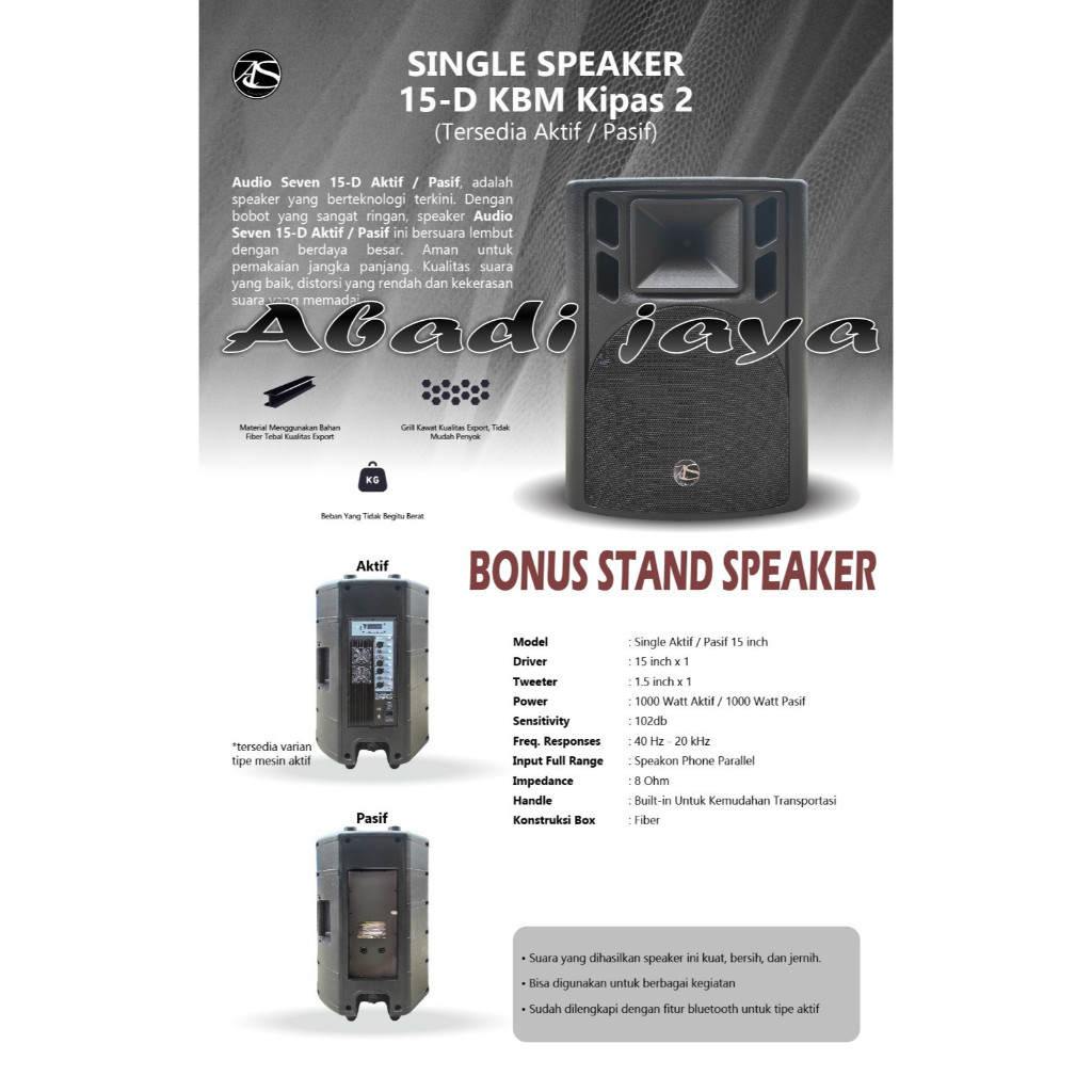 SPEAKER AKTIF PASIF AUDIO SEVEN 15-D KBM KIPAS 2 1000 WATT ORIGINAL