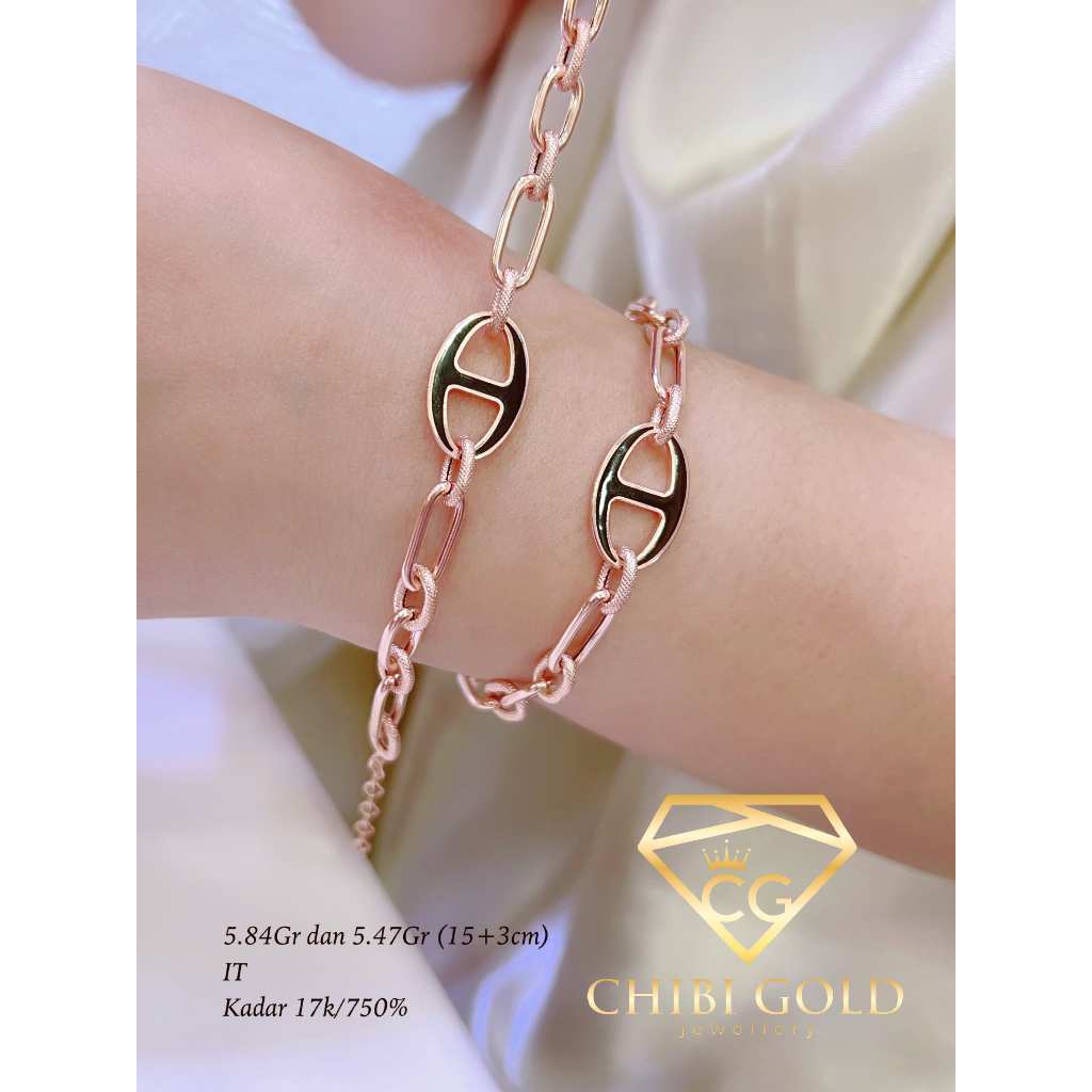 CHIBI GOLD Gelang Rose Rantai Polos Mix Ukir Black 750 Kadar 17K