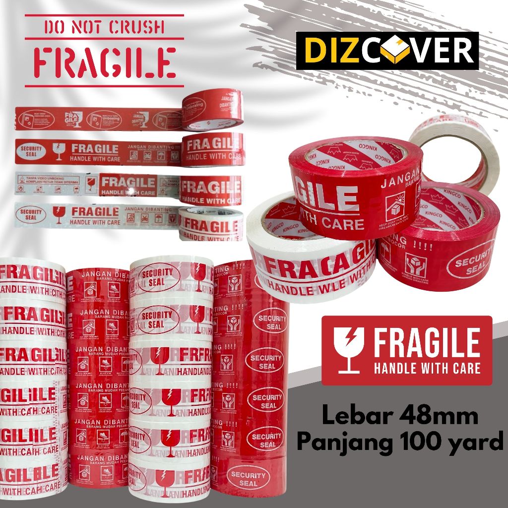 

- LAKBAN FRAGILE MERAH DAN PUTIH OPP Tape 2 Inch (48 mm x 100 Yard) Solasi Pecah Belah