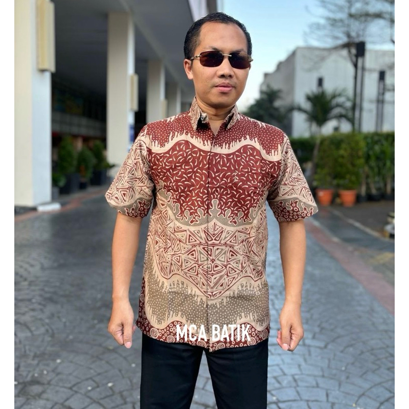 COKELAT MOCCA 643 Hem batik pria bahan katun lapis furing lengan pendek