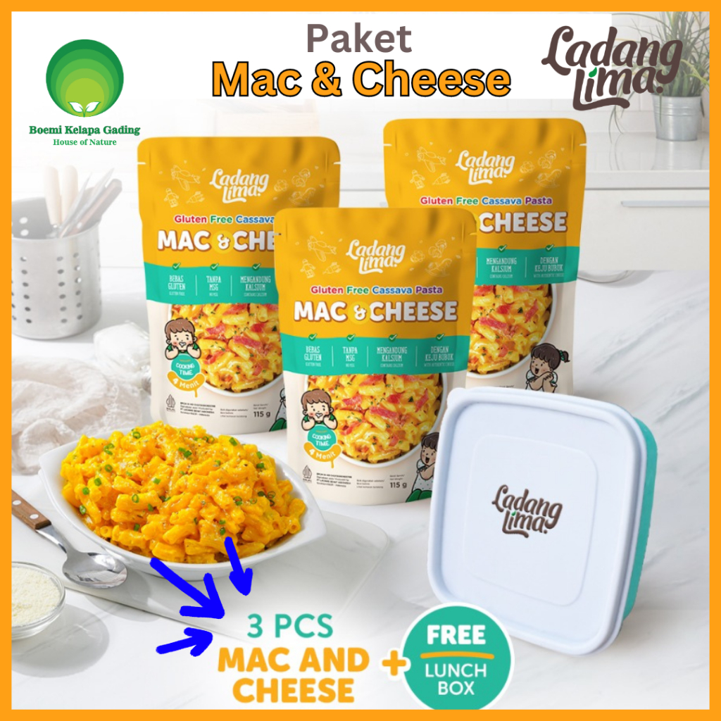 

Paket 3 Pieces Macaroni and Cheese Cassava Pasta Gratis Lunch Box 115 gram Gluten Free Non MSG Halal Ladang Lima