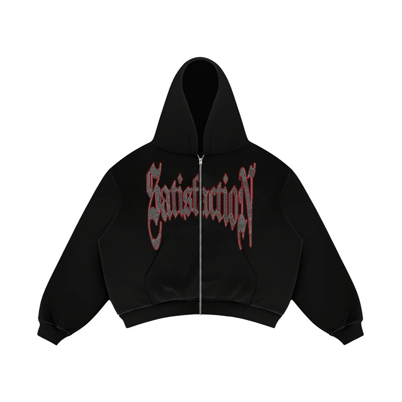 Satisfaction Hoodie Zipper Boxy 375GSM Rhinestone BLEACH Black_