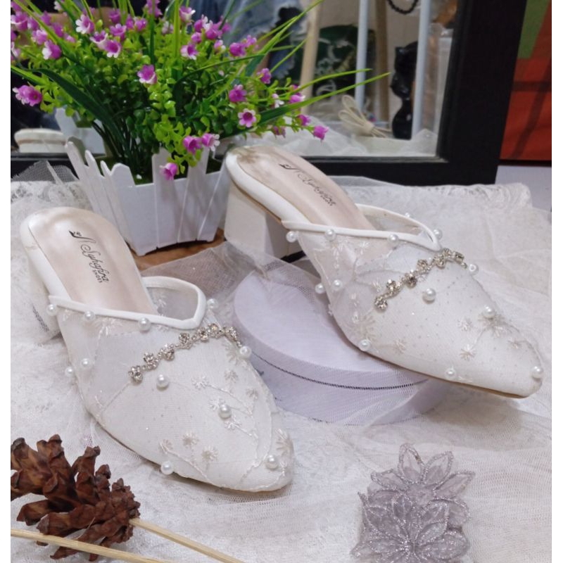 Syhafira - Amorra Selop Pengantin Heels Wanita Hak Tahu  5 cm Putih Mutiara