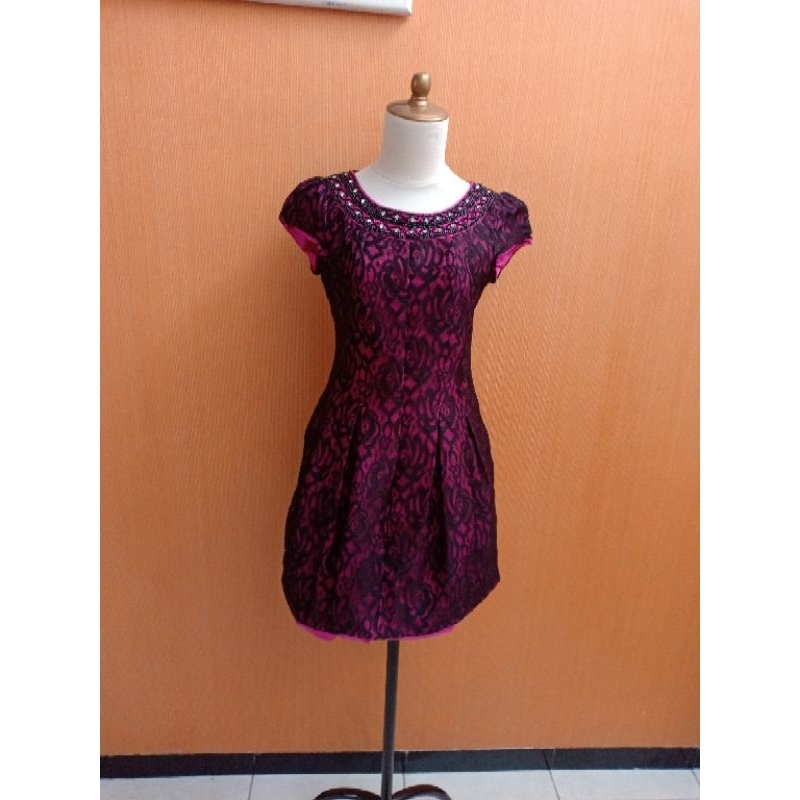 mini dress wanita hitam fuschia lace J.LO cewek S lengan pendek M cute MEWAH brokat PESTA