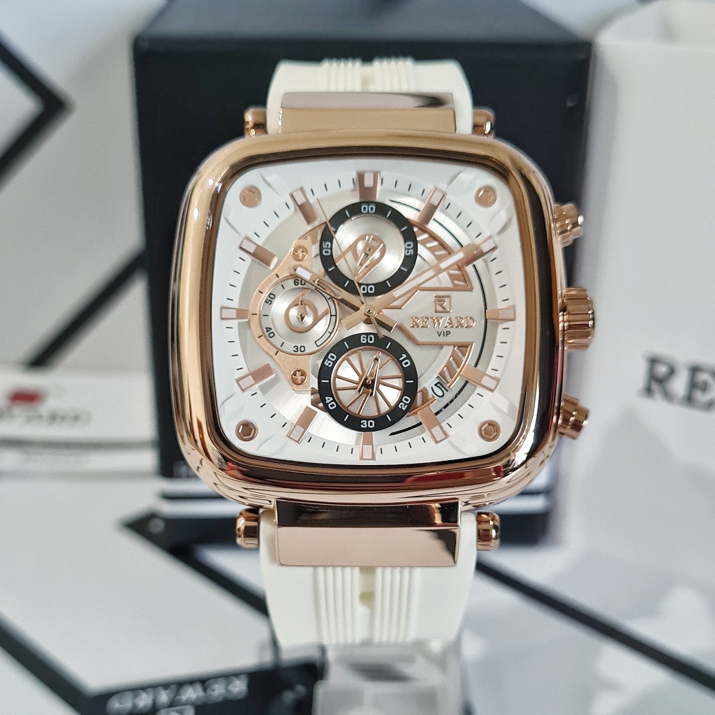 REWARD Marquis Jam Tangan Pria Original Chronograph Chrono Aktif Analog Quartz Baterai Putih Gold