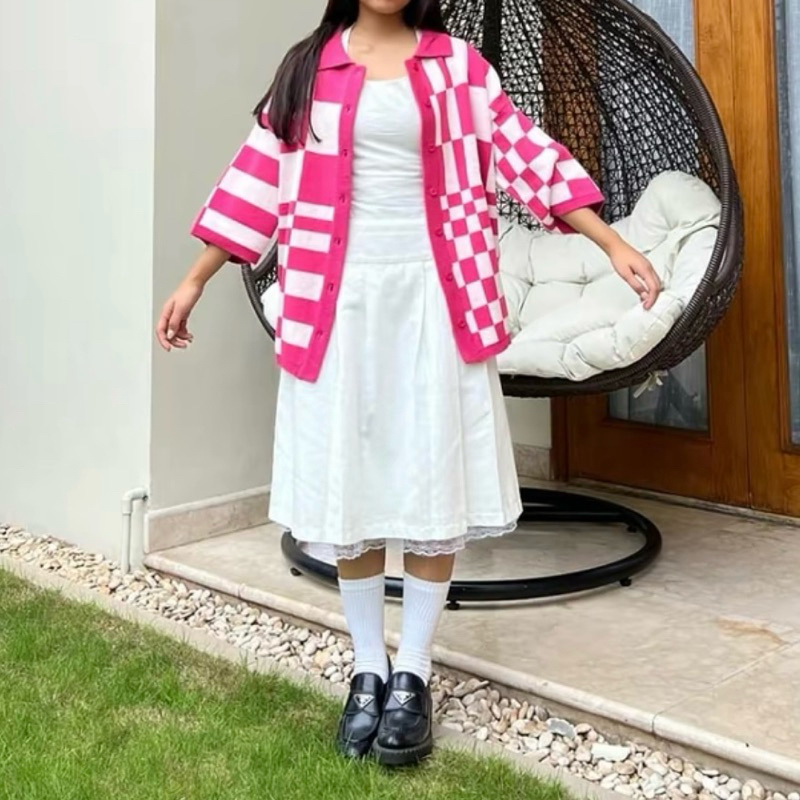 GHINA CARDIGAN RAJUT OVERSIZE WANITA MOTIF KOTAK KOTAK OUTER GAYA KOREA