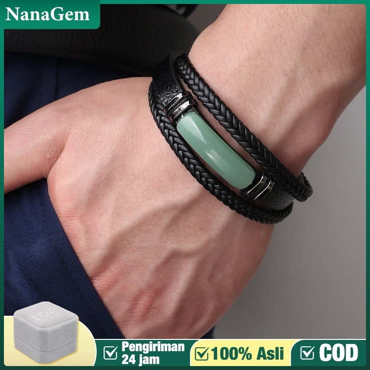 【100%  Asli】Gelang kulit pria gelang batu hijau hitam gelang batu obsidian kulit premium gelang pria