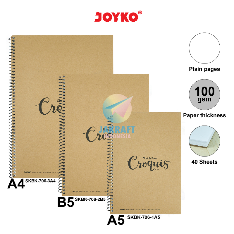 

(40 Lembar) Sketch Book Spiral Vertical JOYKO SKBK-706 Kecil A5 / Sedang B5 / Besar A4 Tebal 100 Gsm Buku Sketsa Gambar Berdiri Putih Polos