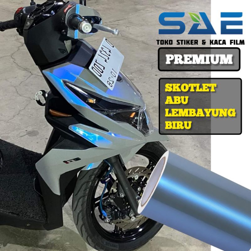 Sticker Skotlet Abu Lembayung Biru Premium Pelapis Body Motor Berperekat L-50Cm