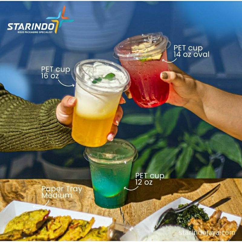 Satu Set Gelas Cup PET 14 Oz Oval dan Tutup Cup Lid Strawless PET Starindo