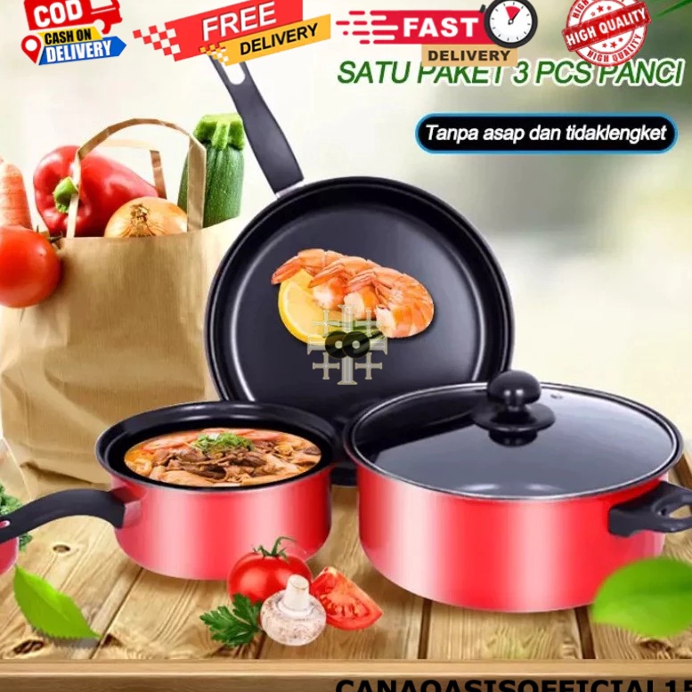 Pusat Jual CANA PANCI TEFLON SET 3IN1 TEFLON ANTI LENGKET WAJAN ALUMINIUM SET TEFLON TUTUP KACA ANTI