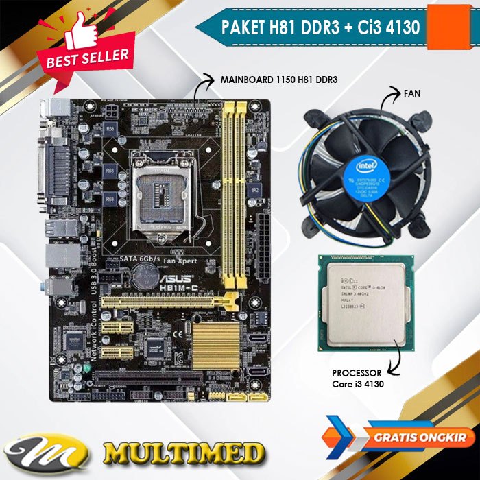 Paket Motherboard Mainboard Mobo LGA 1150 H81 DDR3 + Core I3 4130 + FAN
