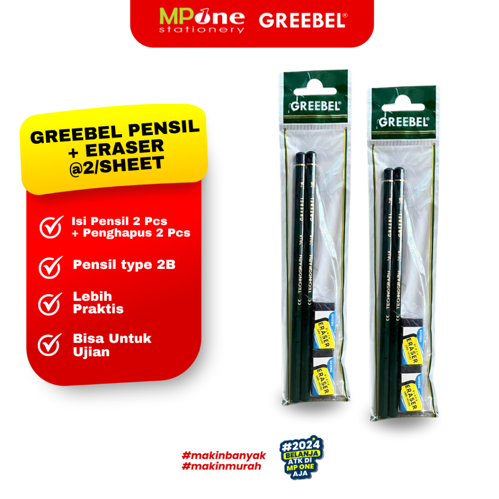 

(1 SHEET) Greebel Paket Alat Tulis Pensil + Penghapus / Pensil 2B 7018 2Pcs + Eraser GBB-141240 2Pcs Greebel