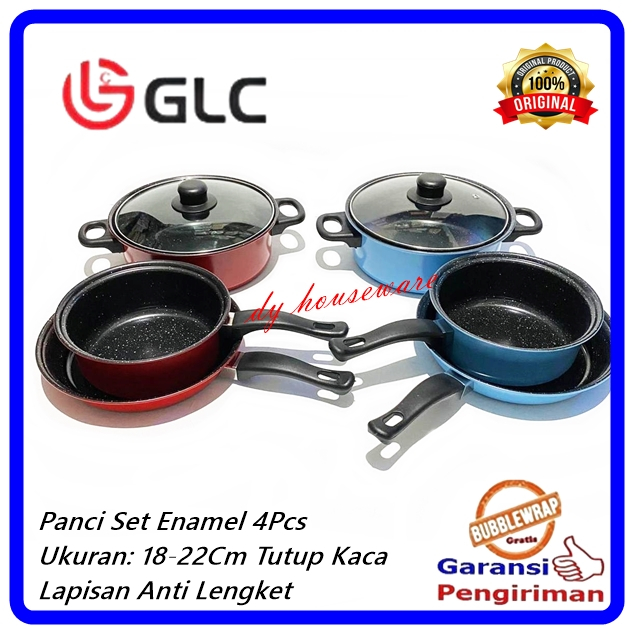 Panci Set Enamel 4Pcs Panci Susu Frypan Panci Saus Tutup Kaca Anti Lengket GLC