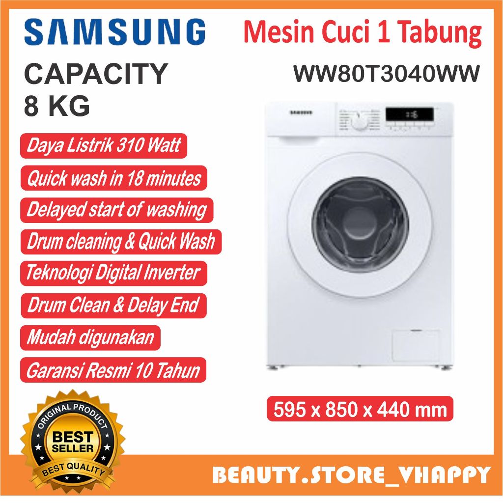 Mesin Cuci Samsung Front Loading 8kg WW80T3040WW Inverter