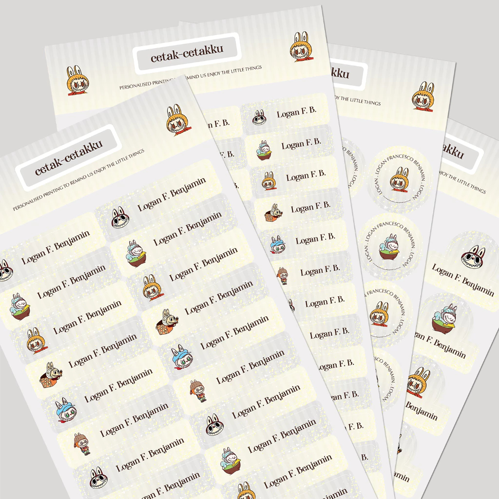 

LABUBU (for Boy) / STICKER NAMA COMBO PACK - 103 pcs (4 Bentuk , 4 Ukuran) / Sticker Vinyl Waterproof (Tahan Air & Anti Sobek) / Label Sekolah / Label Nama Anak