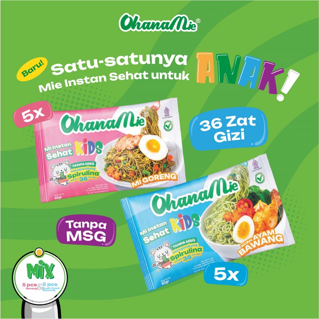 

Mie Instan Hijau Spirulina Sehat Anak Non MSG Ohana Mie Free Lunch Box - Mix 10 pcs