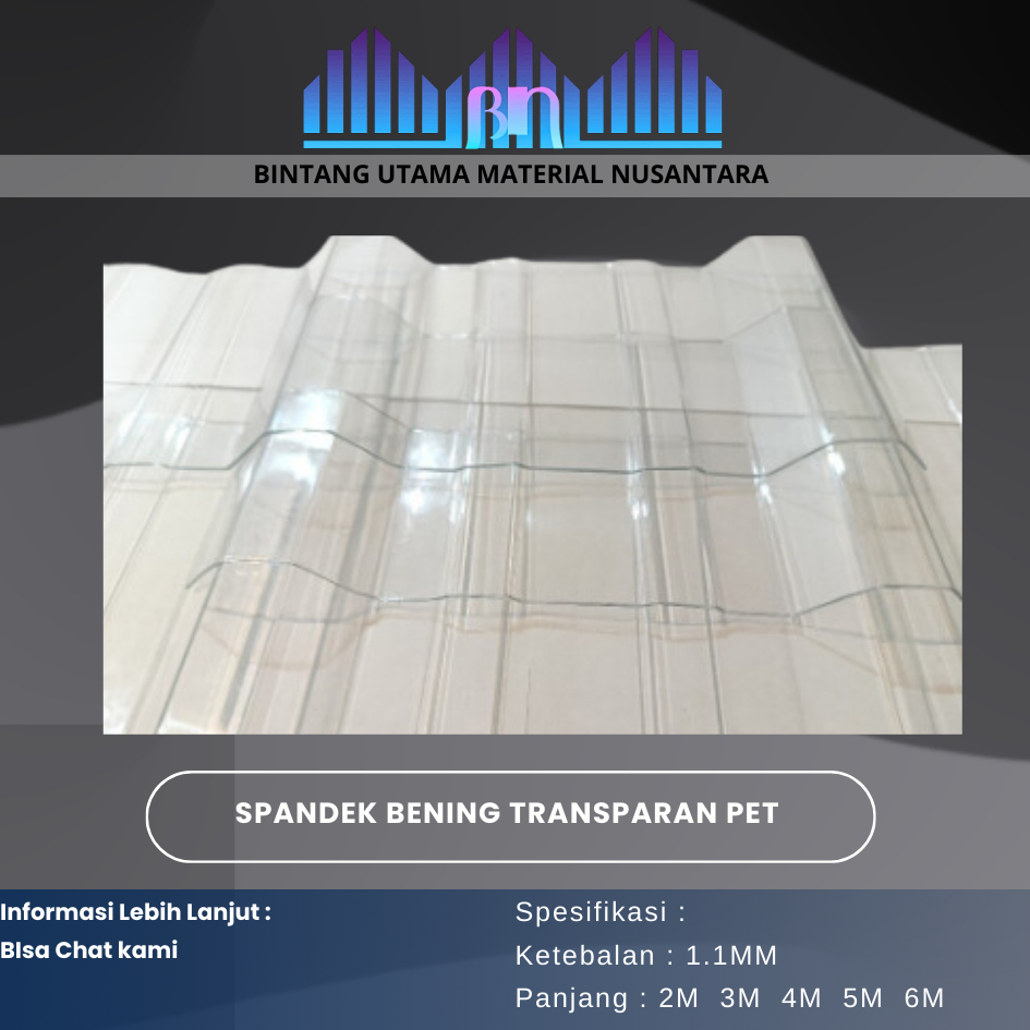 Spandek Bening Transparan tebal / Atap Gudang / Atap Rumah / PET - 1.1mm