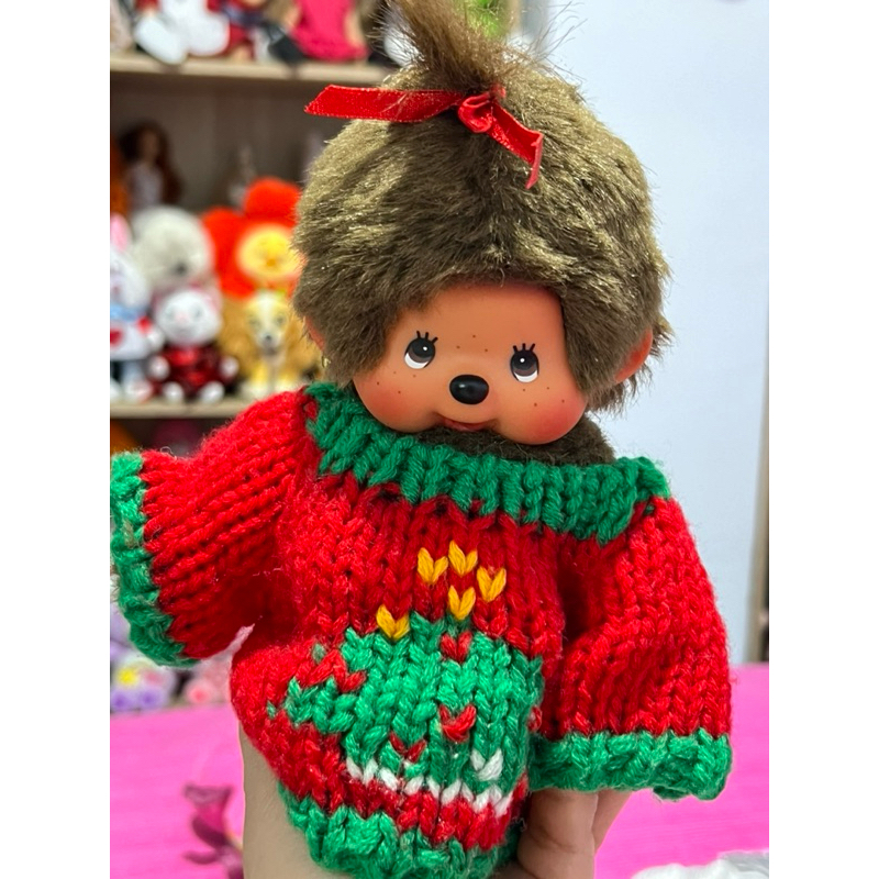 Boneka Monchichi pakai Kostum Baju Merah Natal Rajut 18 Cm
