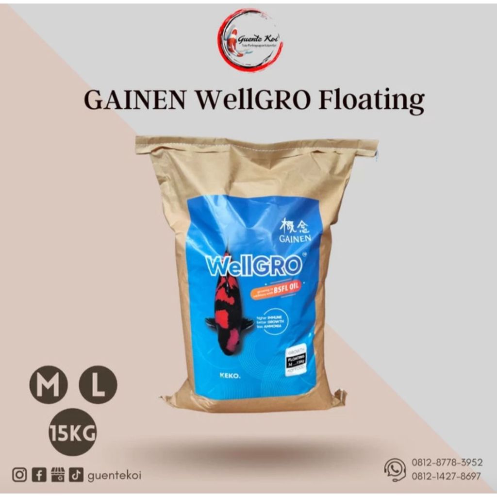 Pelet ikan koi KEKO original GAINEN WellGRO Floating Type 15kg - WellGro, L