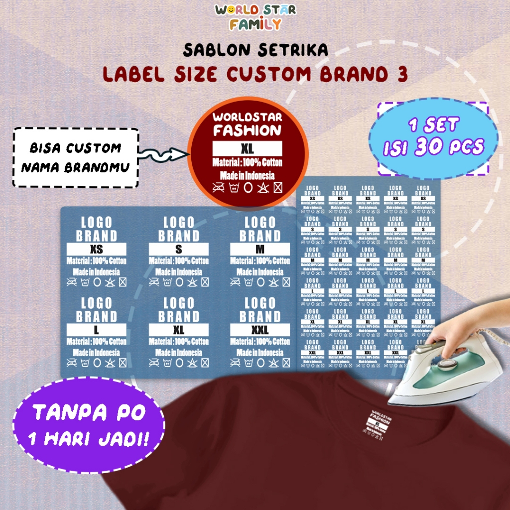 

WSF Stiker kain CUSTOM LABEL BAJU FREE NAMA BRAND 1 set Isi 30 pcs Sablon Setrika Sticker Label Size Baju Stiker Ukuran Pakaian Bundar Stiker Label Tempel Bulat Size