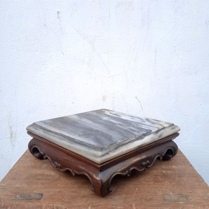 Antik Tatakan Bancikan Peranakan Kayu Swanci Topper Marmer Cina Kuno