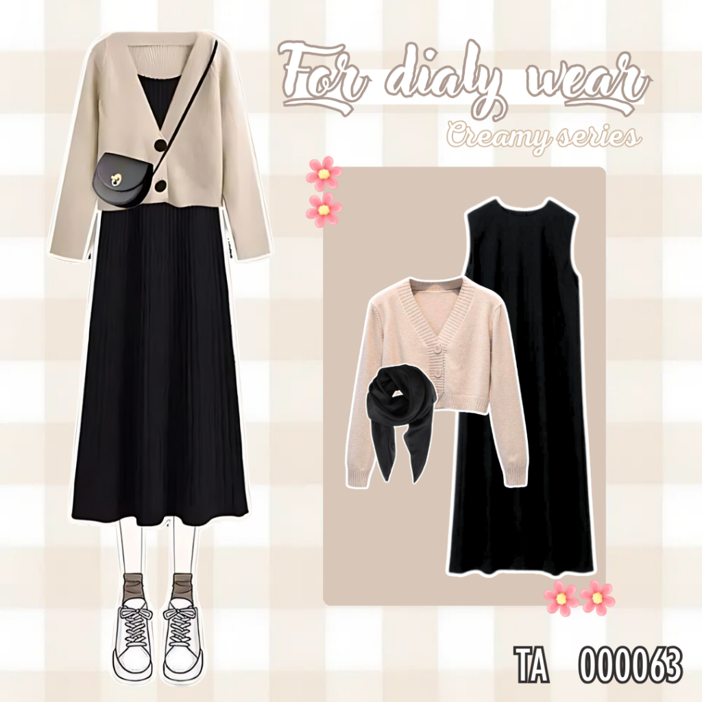 TA 000063 | One set korean style hijab set setelan inner long dress wanita outer cardigan crop rajut