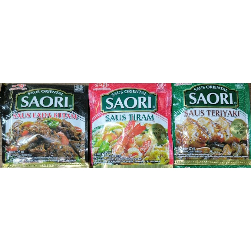 

Saori saus tiram sachet 23 ml. saos saori teriyaki. saori saus lada hitam sachet