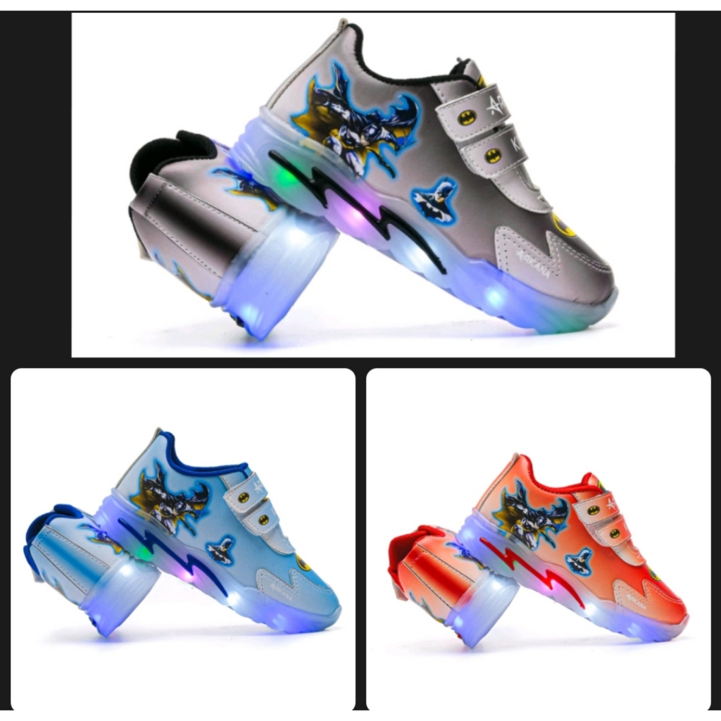 Sepatu Sneakers Batman LED Anak Laki-Laki Keren 1-7 Tahun/ sepatu kets casual pesta Anak cowok motif