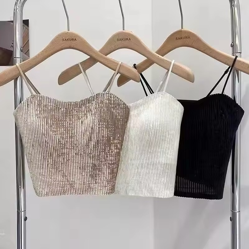 Tank Top Pesta Glitter 8817, Inner Wanita Pesta Gold Tali Spaghetti Bra Pad, Baju Atasan Kondangan