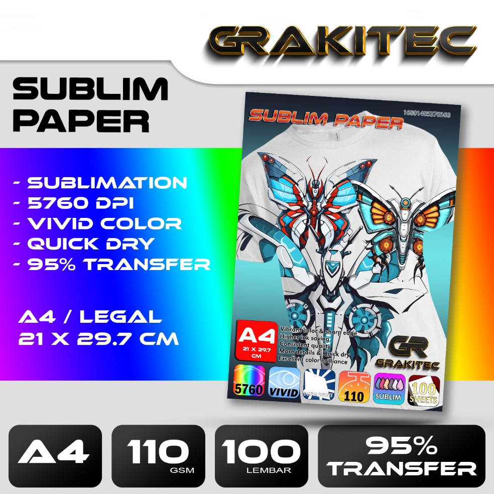 

ART E1O7 Kertas Sablon Sublim Transfer Paper A4 LEGAL F4 11 Gsm GRAKITEC Sublim Paper A4 isi 1 Lembar
