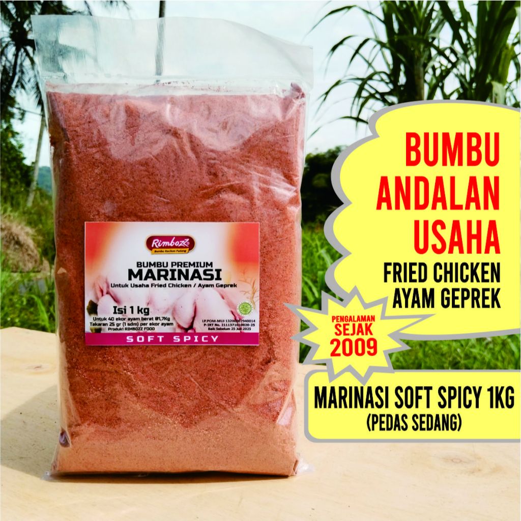 

Bumbu Marinasi Ayam Fried Chicken 1Kg SOFT SPICY RIMBOZZ, Tepung Marinasi Ayam KFC, Geprek, Crispy