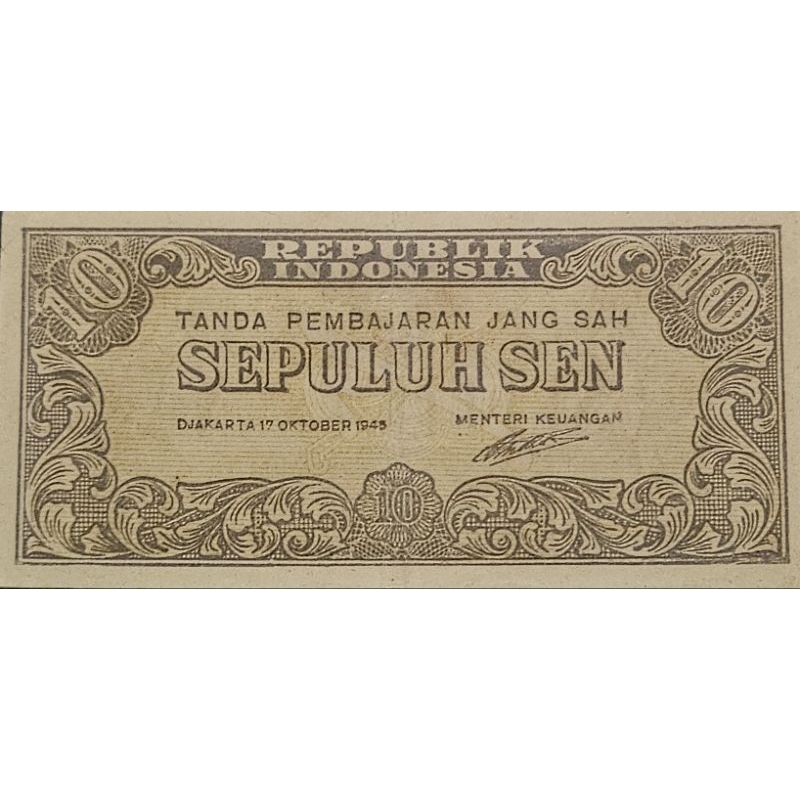 Uang Kuno Indonesia Series Ori 10 sen Tahun 1945 Kondisi XF Original 100%