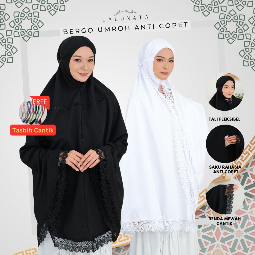 LALUNATA - Bergo Umroh Haji Bahan Katun Premium Hijab Jumbo Bersaku Umroh Khimar ANTI COPET
