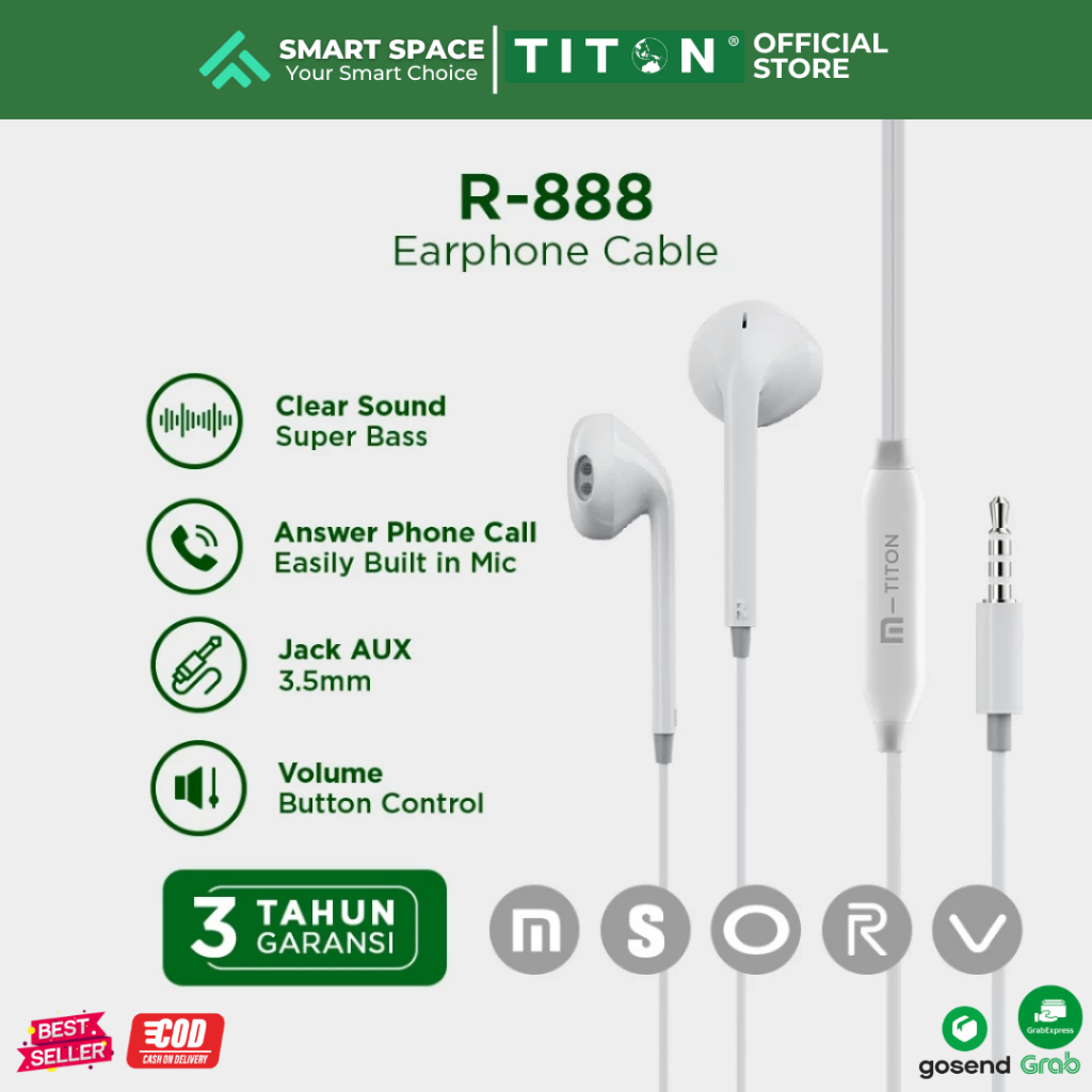 TITON Headset Kabel Handsfree R-888 for Xiaomi, Samsung, Realme, Oppo, Vivo - Garansi 3 Tahun
