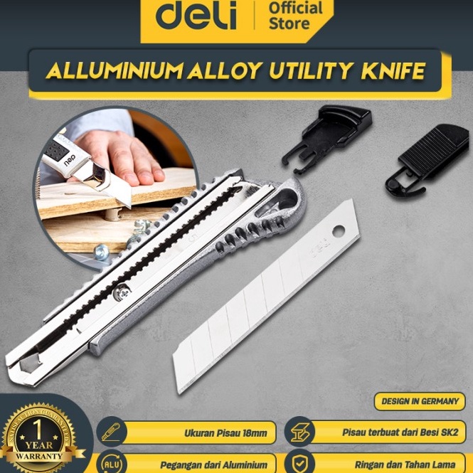 

ART V5T4 Deli Alluminium Alloy Utility Knife Cutter Alumunium 18mm Pisau SK2 EDL4255